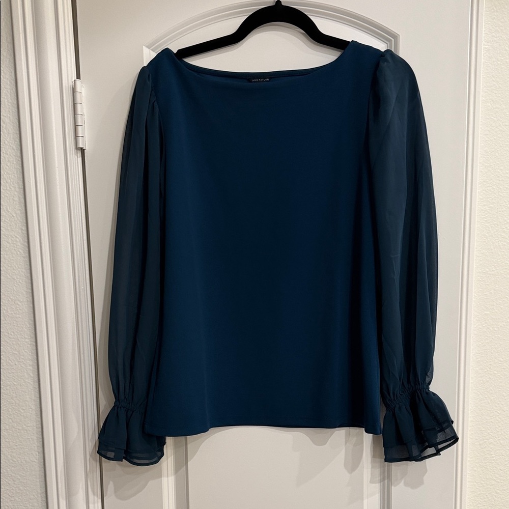 Ann Taylor Teal Blouse with Sheer Sleeves